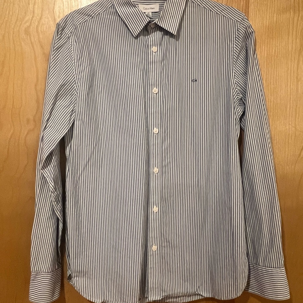 Calvin Klein Men's Navy and White Striped Dress Shirt